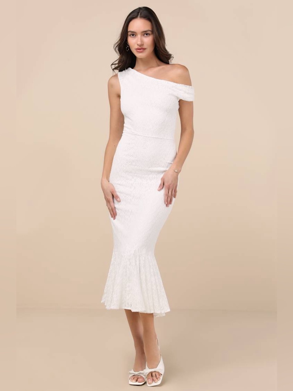 Lulus Nadie White Lace Asymmetrical Midi Dress – Size M